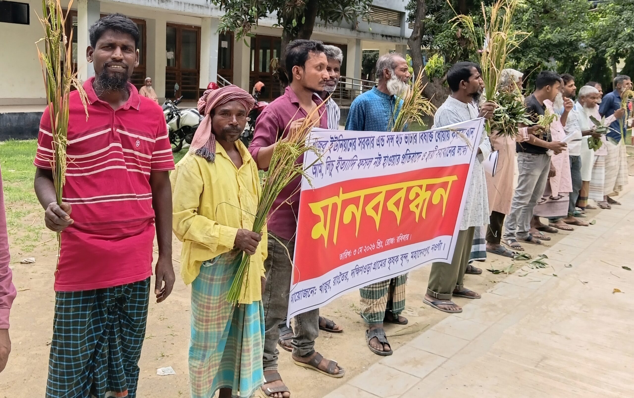 মহাদেবপুরে ইট ভাটার বিষাক্ত ধোঁয়ায় ফসল নষ্টের অভিযোগে কৃষকদের মানববন্ধন