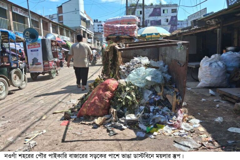 নওগাঁয় সবজির বাজারে ভাঙাচোরা ডাস্টবিন, পথচারীদের ভোগান্তি